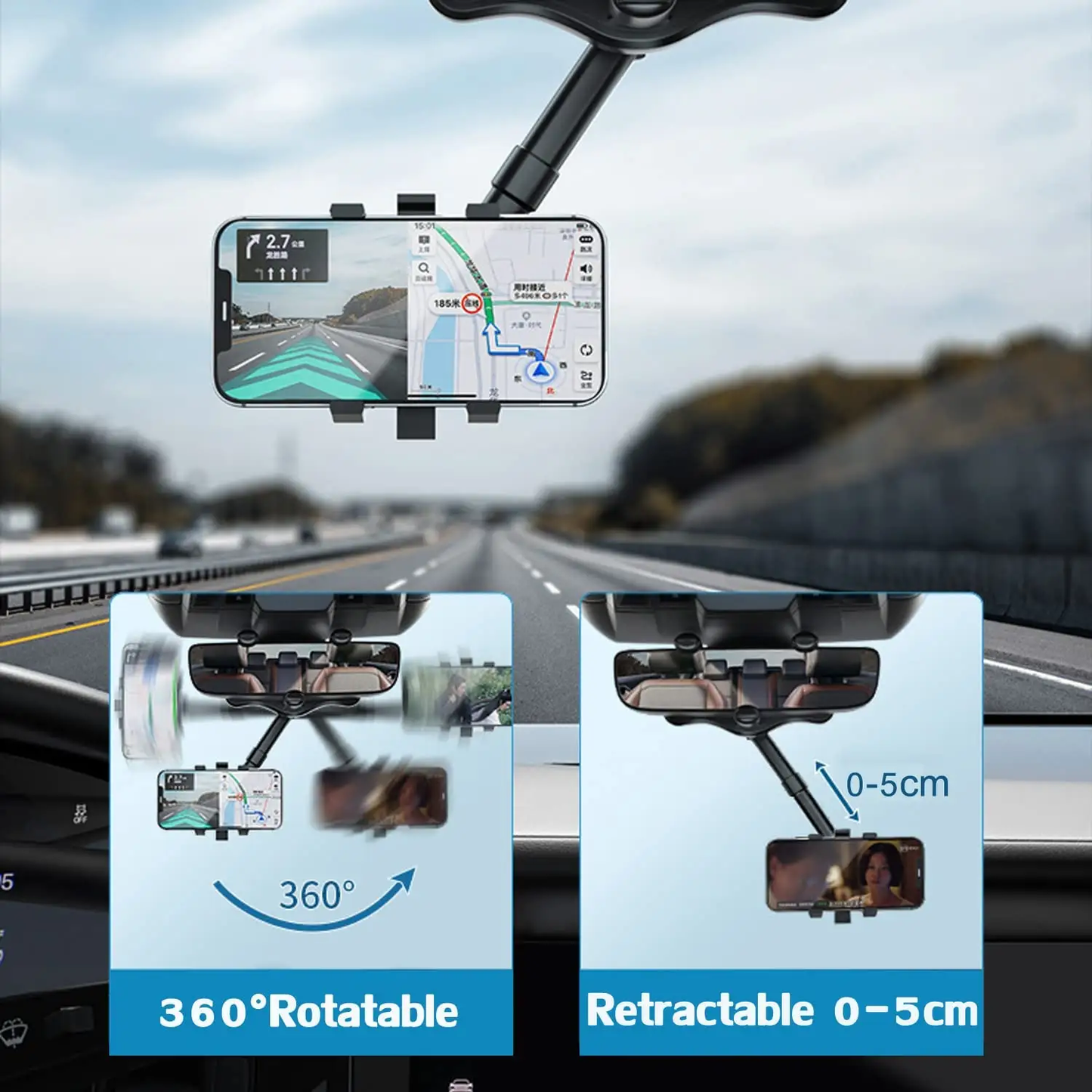 360° Adjustable Car Rearview Mirror Phone Mount – Universal Hands-Free Navigation Holder